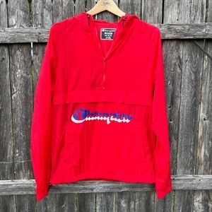 Red Champion Logo Zip Pullover Hooded Windbreaker Sz M